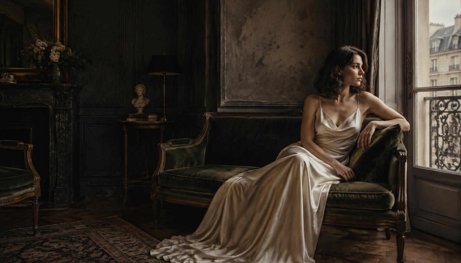 Illustrative editorial portrait of an adult in a silk dress beside a window; not client work